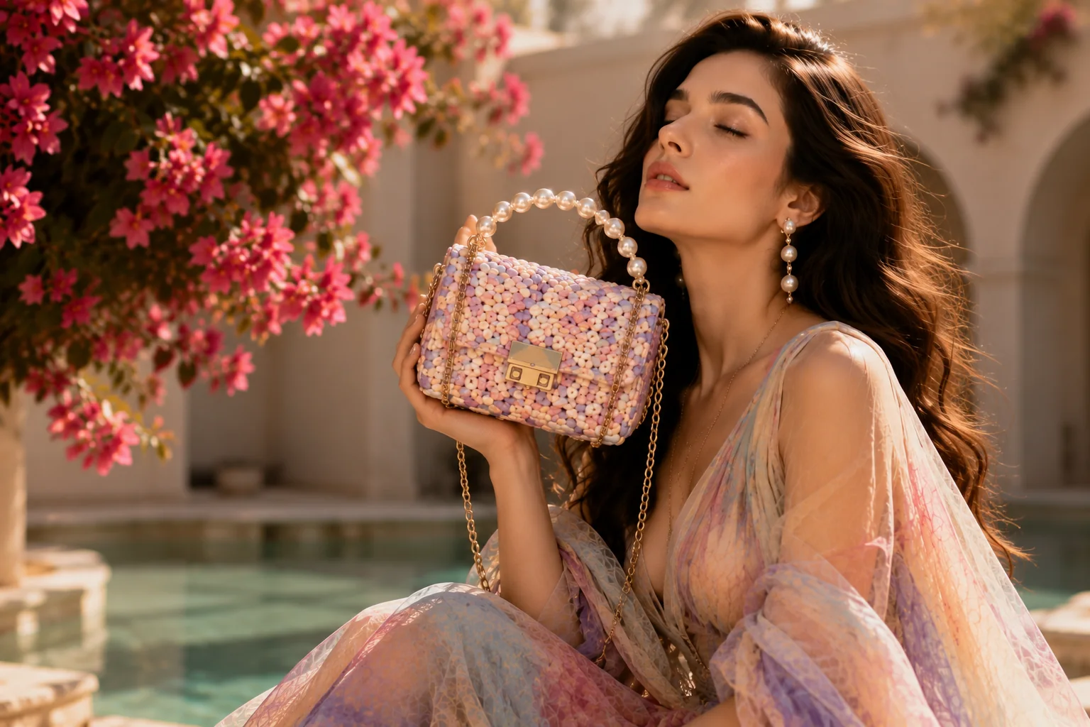 Rhhenso pastel handwoven bag in a luxury floral editorial