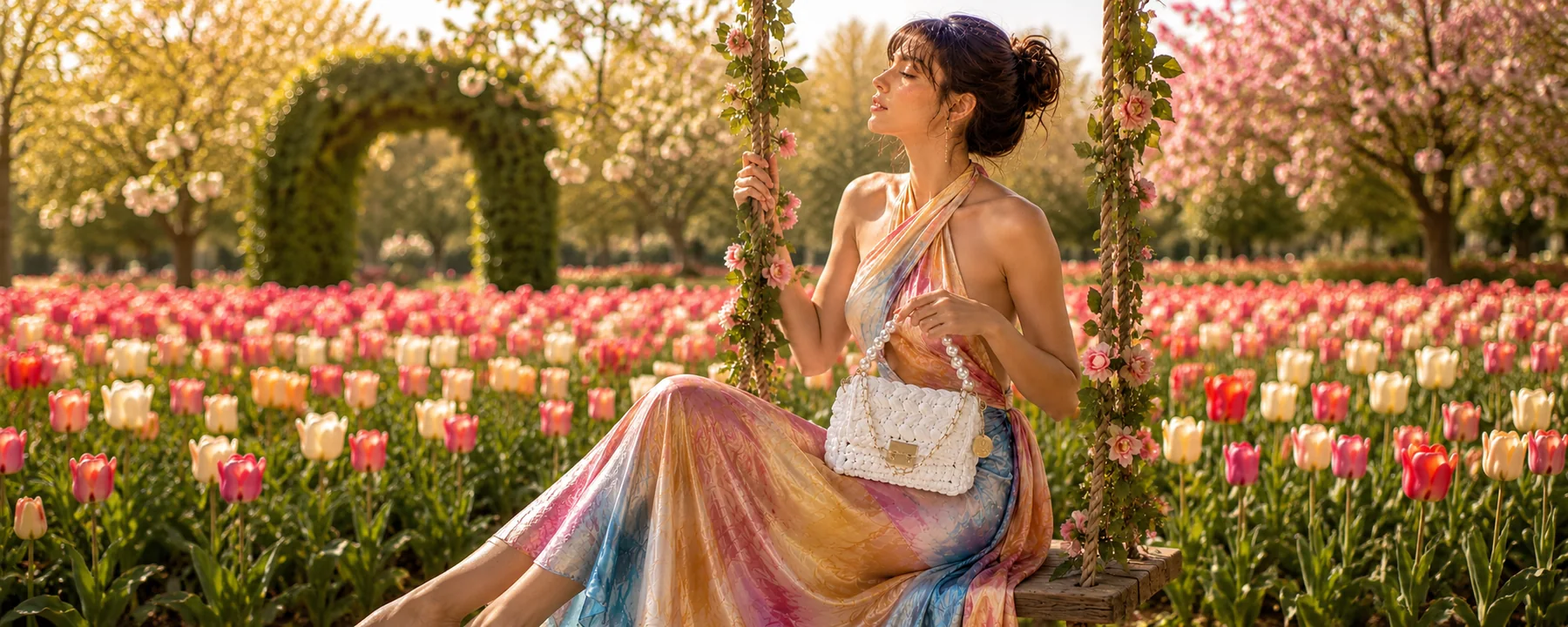 Rhhenso white handwoven bag in a tulip garden campaign